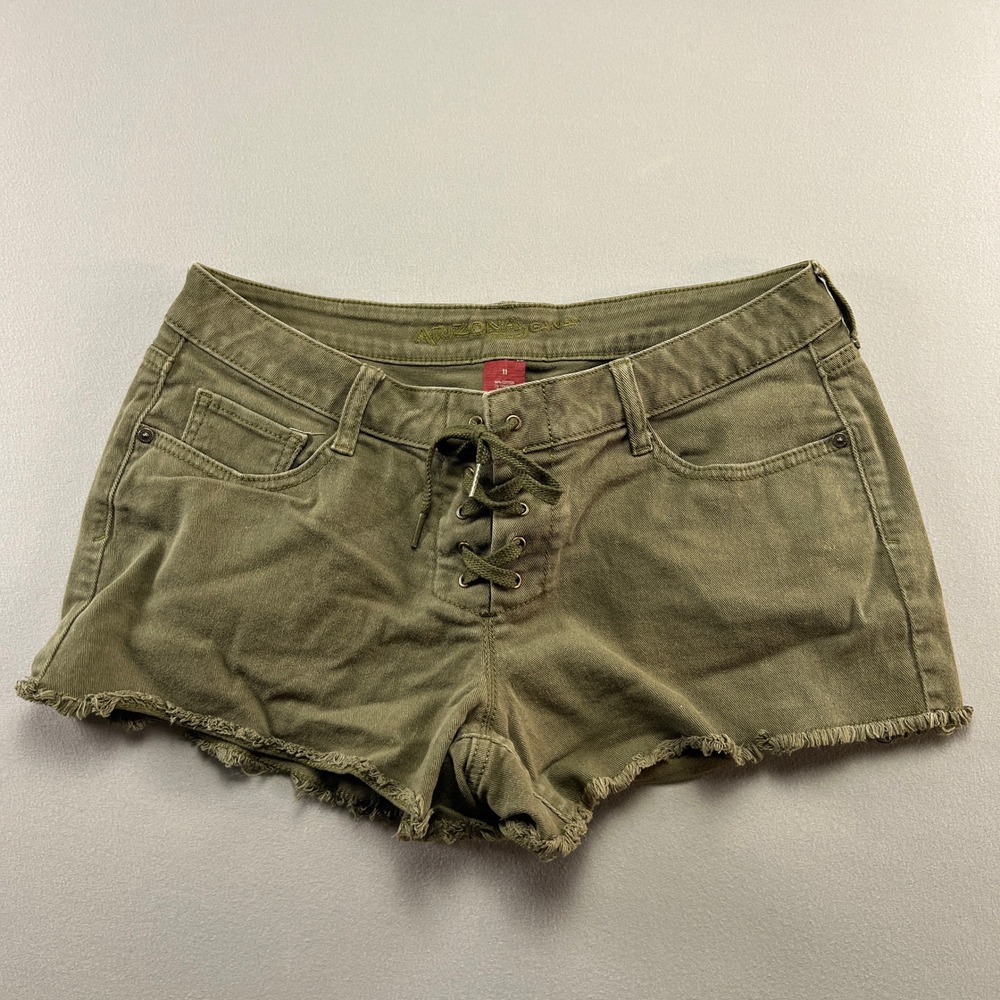Arizona Jean Co Denim Shorts Junior's 11 Olive Green Lace Up Front Frayed Hem